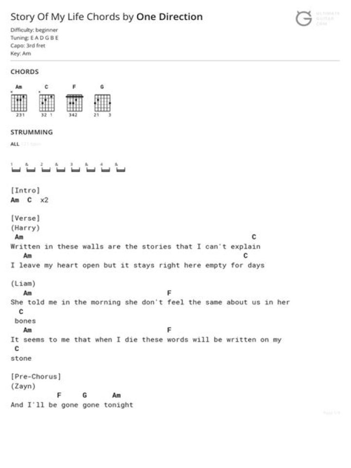 Story Of My Life by One Direction Chords and Melody